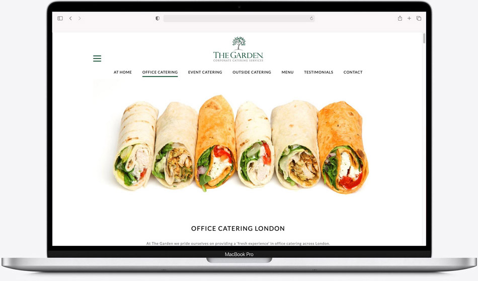 thegardencatering.com SEO page screenshot on a laptop